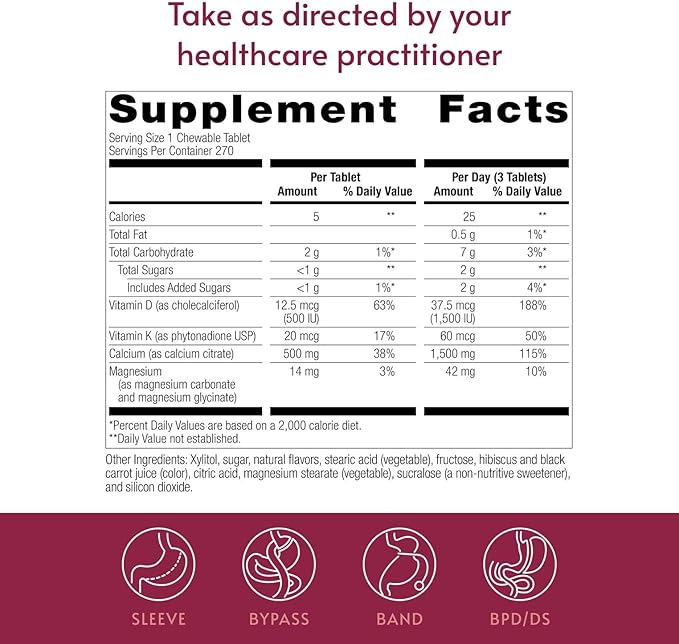 Bariatric Advantage Calcium Citrate Chewable 500mg with Vitamin D3 for Bariatric Surgery Patients Including Gastric Bypass and Sleeve Gastrectomy Low Sugar - Wild Cherry Flavor 270 Count