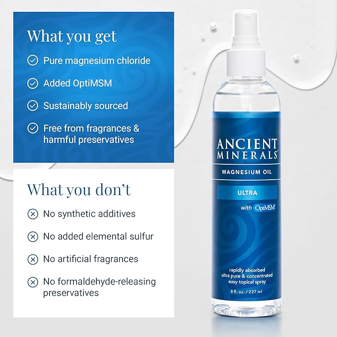 Ancient Minerals Magnesium Oil Ultra with OptiMSM Refill 33.8 oz. - Pure Genuine Zechstein Magnesium Chloride Supplement with MSM - Best Topical Skin Application for Dermal Absorption
