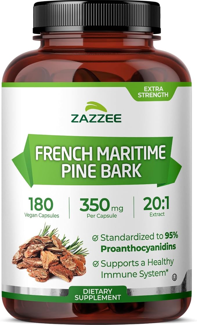 Zazzee Extra Strength French Maritime Pine Bark Extract 20:1 350 mg Per Capsule 95% Proanthocyanidins 180 Vegan Capsules 6 Month Supply Certified Kosher Antioxidant Support Non-GMO Made in USA