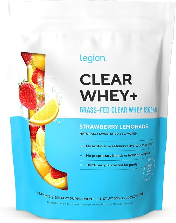 LEGION Clear Whey+ Protein Isolate Powder–Naturally Flavored Strawberry Lemonade 22g Protein with BCAAsZero Sugar &amp Lactose FreeFast Digesting Grass-Fed Whey Refreshing Protein Shake (20 Servi