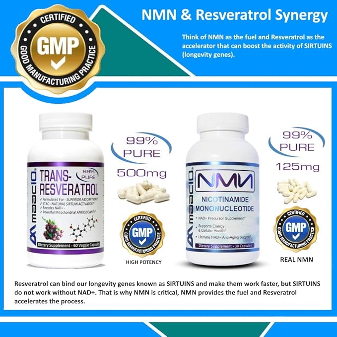 MAAC10 NMN Resveratrol NAD Combo Pack - Nicotinamide Mononucleotide NAD+ Supplement 250mg (60 x 125mg NMN Capsules) 99% Pure Trans Resveratrol Extract (60 x 250mg Capsules)
