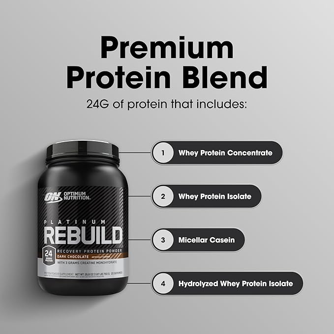 Optimum Nutrition Platinum Rebuild Premium Platinum Blend Protein Powder with Creatine Monohydrate Dark Chocolate 20 Servings