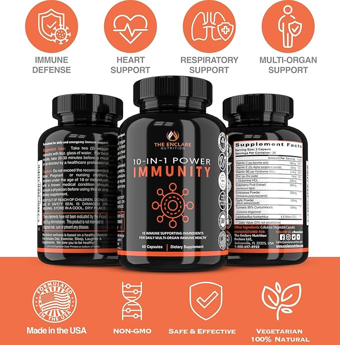 THE ENCLARE NUTRITION Immune Support Vitamins with Vitamin C Elderberry Zinc Echinacea Turmeric Curcumin Garlic. 10in1 Immunity Defense Supplement Booster for Adults. Veg Capsules 60ct (3)