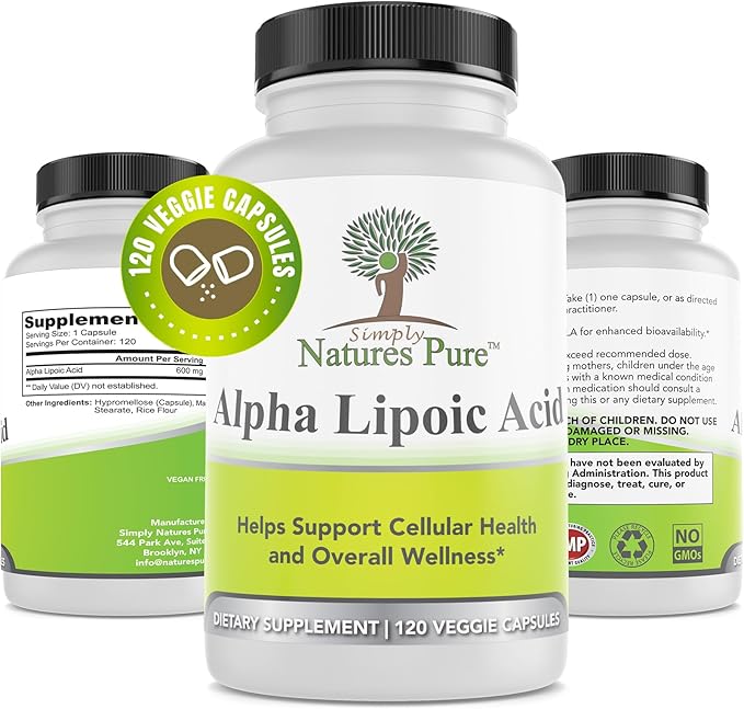 Simply Natures Pure Alpha Lipoic Acid 600mg 120 Veggie Capsules Non-GMO Thioctic Acid 4 Month Supply