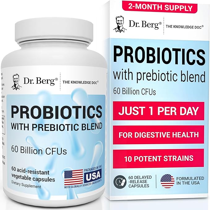 Dr. Berg Probiotic Supplement (60 Billion CFUs) - Helps Ease Occasional Constipation Diarrhea Gas &amp Bloating* - Pre and Probiotics for Digestive Health - 60 Probiotic Capsules