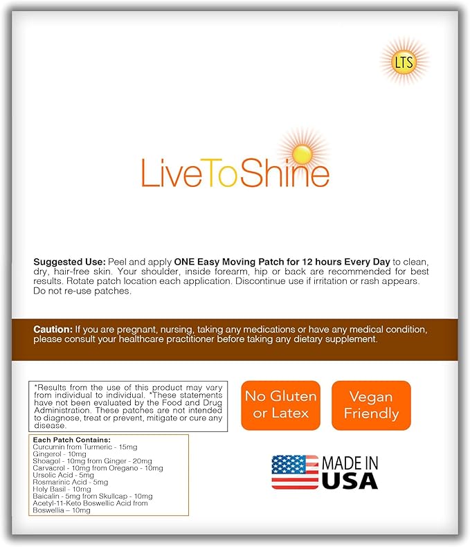 Live To Shine Turmeric Curcumin Topical Patches with Ginger Boswellia &amp Holy Basil – Easy Plant-Based Alternative to Pills – 30-Day Supply – Vegan Clean USA Made