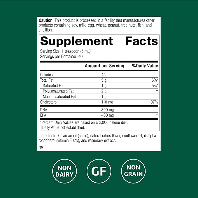 Standard Process Calamari Omega-3 Liquid - Supplement for Heart &amp Brain Health Support - Aids Skin Health - Gluten-Free Non-Dairy &amp Non-Grain - 6.8 oz