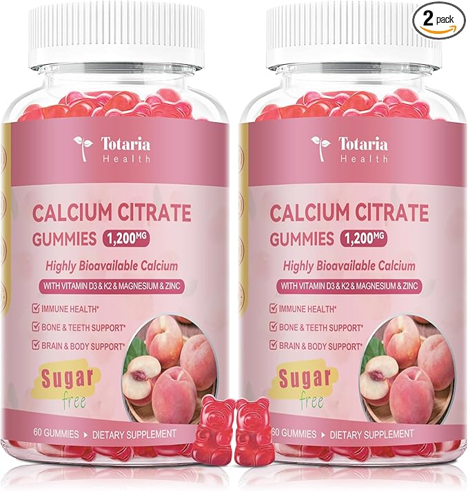 2 Pack Calcium Citrate Gummies 1200 mg - Calcium Supplements for Women with Vitamin D3 &amp K2MagnesiumZinc - Sugar Free Calcium Gummies for Bone &amp Teeth &amp Immune Support- Peach Flavor