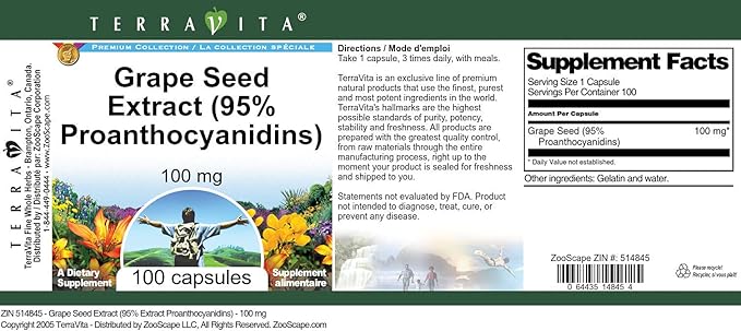 Grape Seed Extract (95% Proanthocyanidins) - 100 mg (100 Capsules ZIN: 514845)