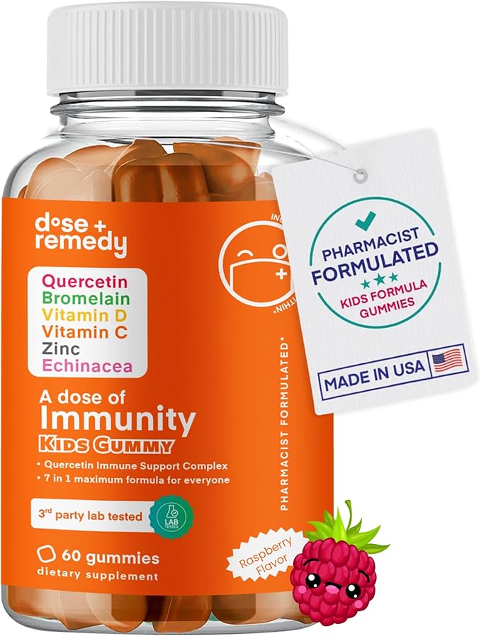 A Dose of Immunity Kids Quercetin with Vitamin C Zinc Vitamin D 100mg Quercetin Bromelain Echinacea 60 Gummy Count (Pack of 1)