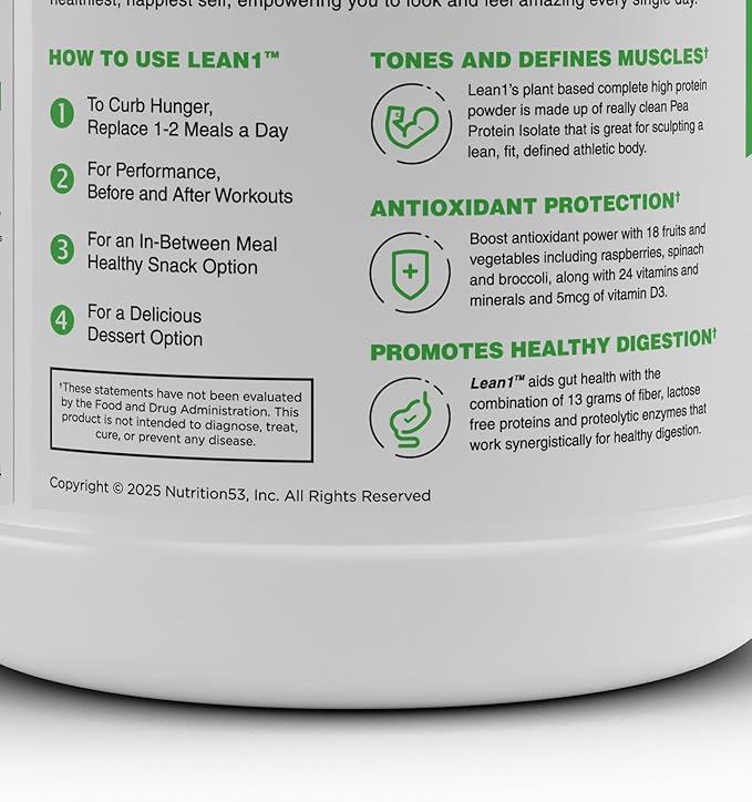 Lean1 Plant Based Protein Powder Meal Replacement Vanilla Flavor Clean Protein 15 Serving