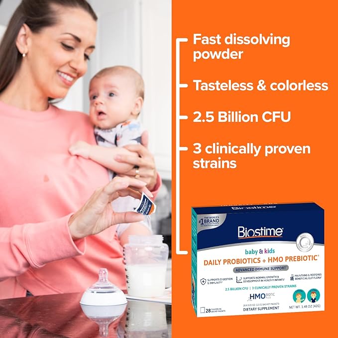 Biostime Baby Probiotic for Kids with HMO &amp Prebiotic Fiber | Immune Support | Constipation Relief and Digestion Support Probiotics for Kids Toddlers and Infants - 28 Powder Packets