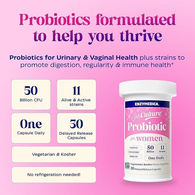 Enzymedica SubCulture Probiotics for Women 50 Billion CFU Vaginal &amp Urinary Health Immune and Digestive Support 30 Capsules