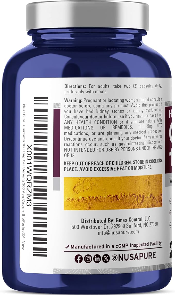NusaPure Quercetin - Suitable for Vegetarian/Vegan Non - GMO - 1000 mg - 200 Capsules