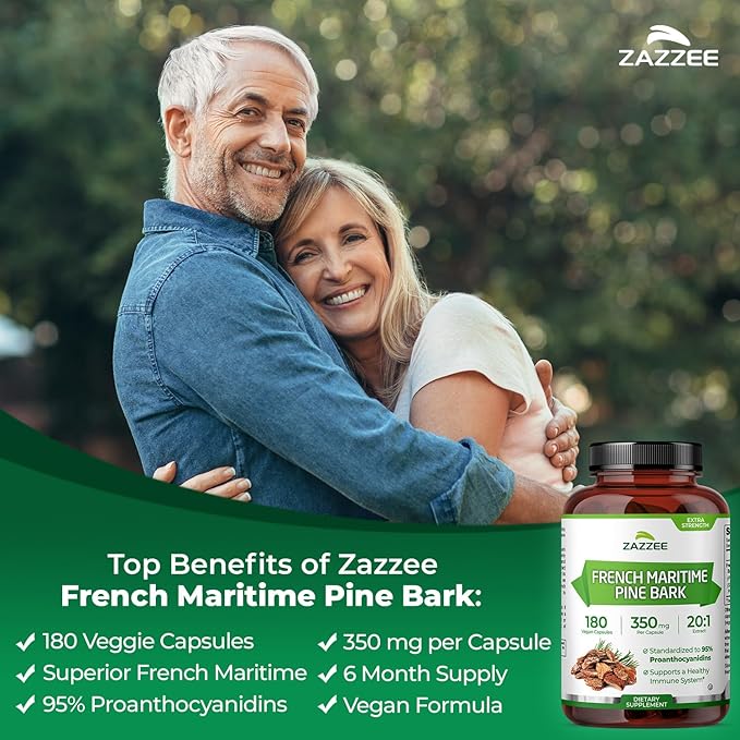 Zazzee Extra Strength French Maritime Pine Bark Extract 20:1 350 mg Per Capsule 95% Proanthocyanidins 180 Vegan Capsules 6 Month Supply Certified Kosher Antioxidant Support Non-GMO Made in USA