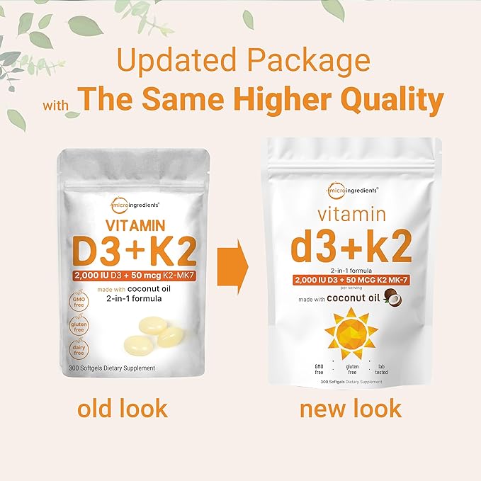 Micro Ingredients Vitamin D3 2000 IU + K2 MK-7 50 mcg 300 Softgels | Virgin Coconut Oil | 2-in-1 Support | Easy to Swallow Non-GMO