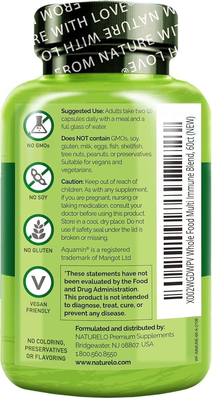 NATURELO Whole Food Multivitamin + Immune Blend with Elderberry &amp Mushrooms - Complete Multivitamin with Extra Immune Support - C D3 Zinc Elderberry Reishi Shitake - 60 Vegan Capsules
