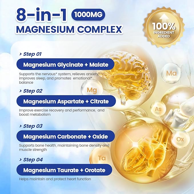 1000mg Magnesium Complex Capsules 8-in-1 Magnesium Glycinate Citrate Malate Taurate Oxide Carbonate Aspartate Orotate - 240 Capsules
