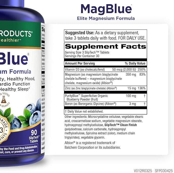 Purity Products MagBlue - Magnesium Bisglycinate Buffered &amp More - 90 Tablets