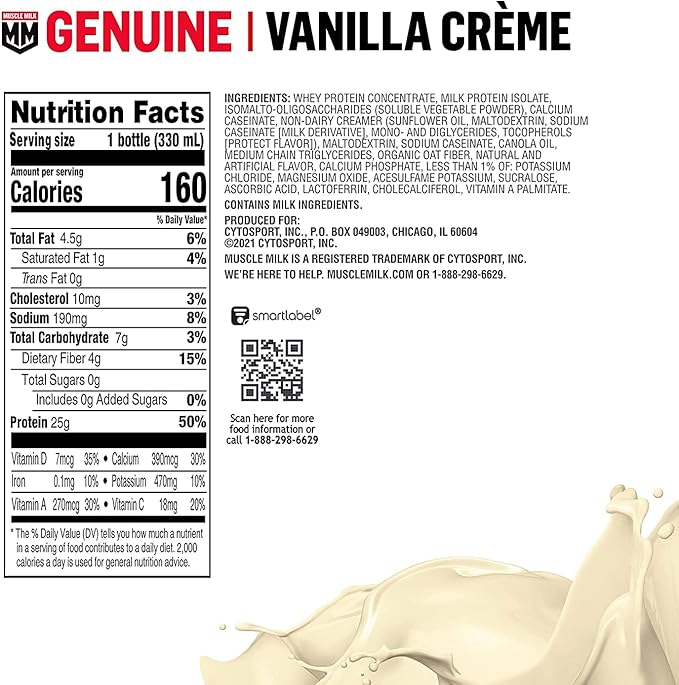 Muscle Milk Zero Protein Shake Vanilla Crème 20g Protein Zero Sugar 100 Calories (Pack of 12) &amp Genuine Protein Shake Vanilla Creme 11.16 Fl Oz Bottle 12 Pack 25g Protein