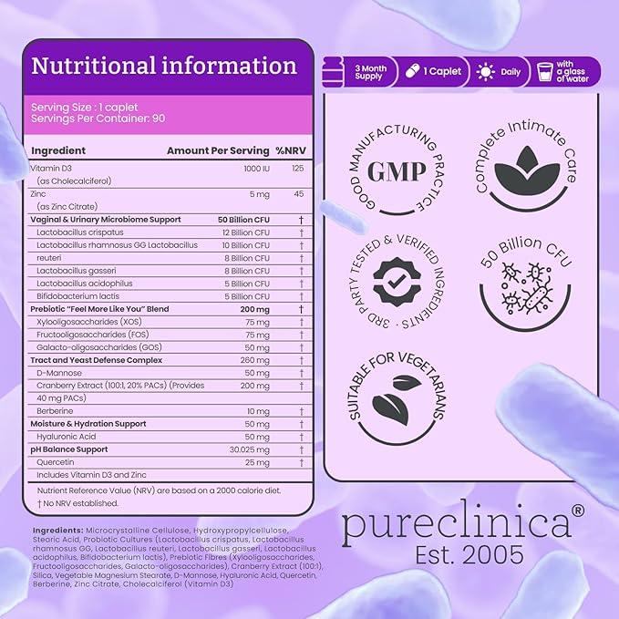 Veev Intimate Flora – Vaginal &amp Gut Microbiome Support – 50 Billion CFU Probiotics with Prebiotics Cranberry D-Mannose &amp Hyaluronic Acid – 180 Caplets (2 x 90) – 6-Month Supply