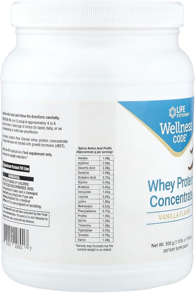 Life Extension Wellness Code Whey Protein Concentrate 20g Muscle Growth &amp Immune Health - Sourced From Grass-Fed Free-Range Hormone-Free Cows Non-GMO No Added Sugar Vanilla- 500g