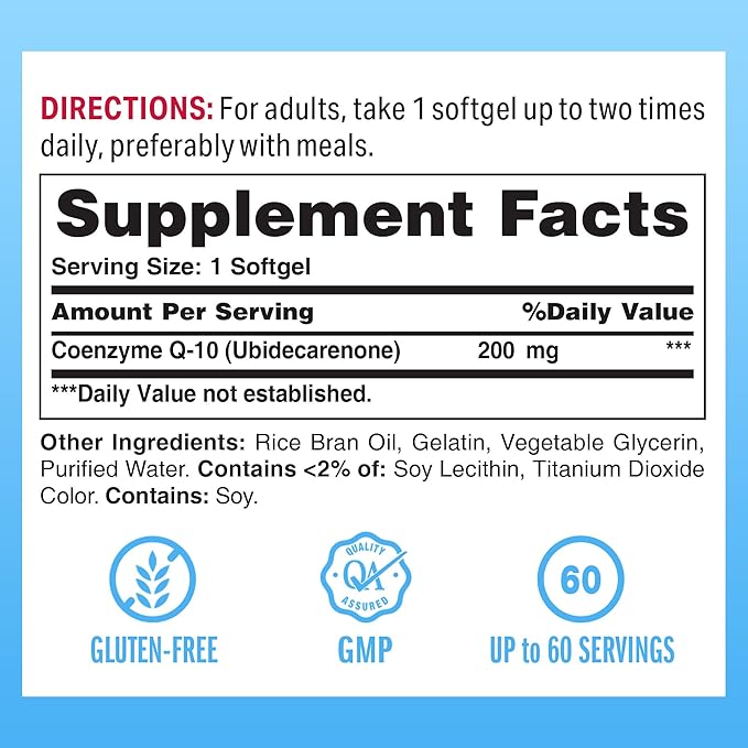 Vitamin World CoQ10 200 mg Softgels Coenzyme Q10 Supplements for Antioxidant Support Heart Health &amp Energy Production Gluten Free 60 Rapid Release Softgels