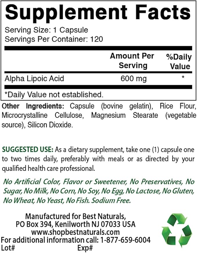 Best Naturals Alpha Lipoic Acid 600 mg &amp B-100 Complex