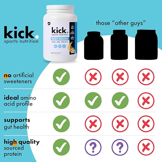 Kick Whey Protein Powder Vanilla Flavor 25 G Protein Gluten Free Workout Supplement With Amino Acids to Support Fitness Goals &amp Digestive Wellness No Added Sugar No Artificial Flavor 16 Serv