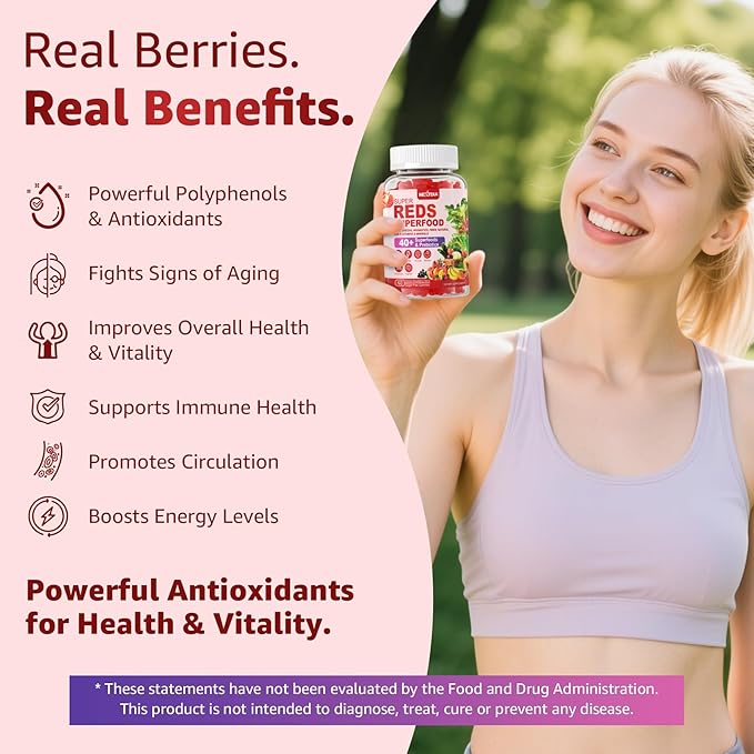 Super Reds Gummies Fruit and Veggie Supplement w/40+ Superfoods Polyphenol Fruits Berries Super Greens Beet Root Powder Alternative Support Energy Antioxidants Gut Health Immunity 60Cts