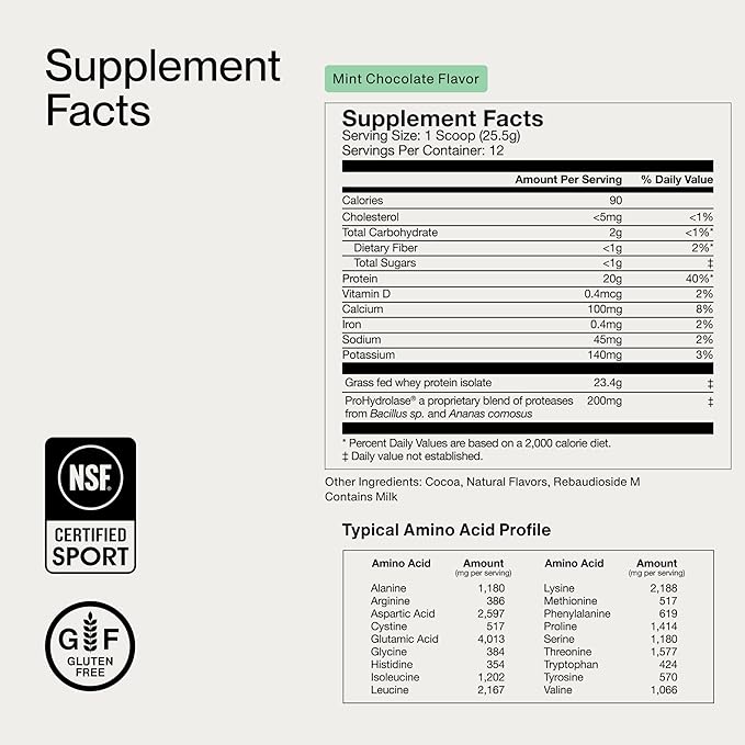 Momentous Essential Grass-Fed Whey Protein Powder - 20 g Whey Isolate Protein - NSF Certified for Sport - Gluten-Free - 12 Servings for Essential Everyday Use - Mint Chocolate - Package May Vary