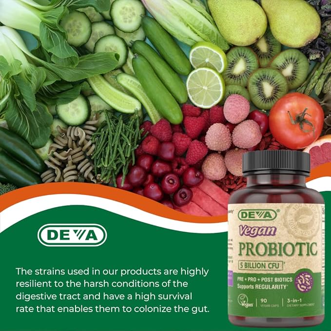 DEVA Vegan Probiotic 5 Billion CFU 2-Pack – Dairy-Free FOS Prebiotics Probiotics &amp Postbiotics Digestive Health Gut Support 90 Vegan Caps Ea