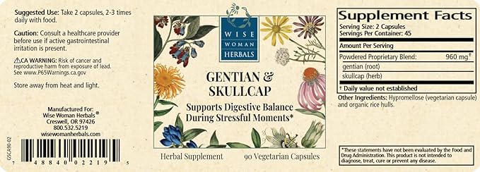 Wise Woman Herbals Gentian &amp Skullcap Digestion Support Supplement Non-GMO Bloating &amp Indigestion Relief Supports GI Motility &amp Gut Comfort Mood Balance 90 Veg Caps