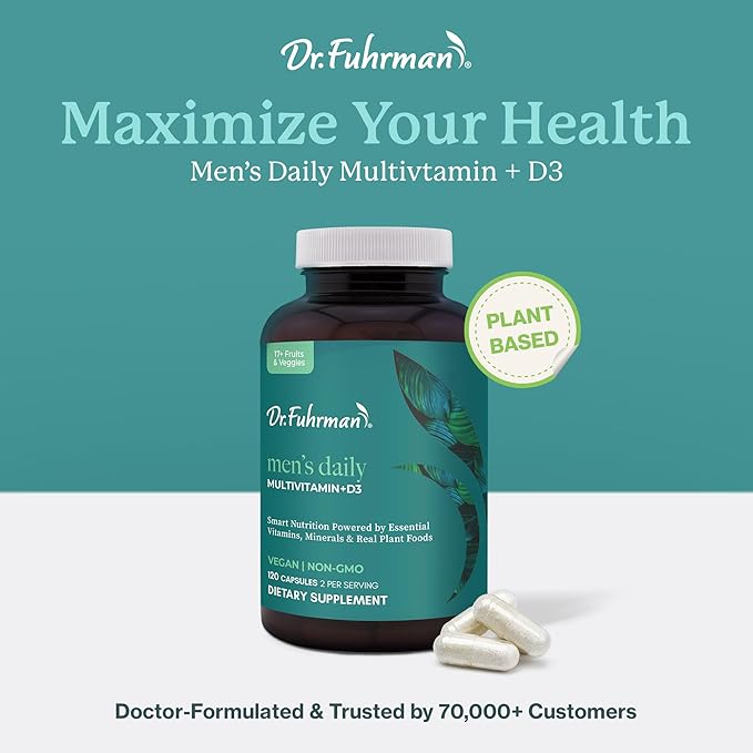 Dr. Fuhrman 2 Month Supply Multivitamin for Men + D3 Vitamin for Immune Support | Vegan Formula Womens Multivitamin with B12 &amp Zinc | Whole Food multivitamin with 17 Fruits &amp Veggies