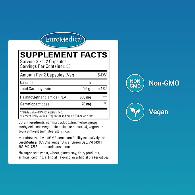 EuroMedica Pea Healthy Inflammation Response - Joint Health Support - Exercise Performance &amp Post-Workout Support - Free of Dairy Gluten or Soy - 60 Capsules (30 Servings)