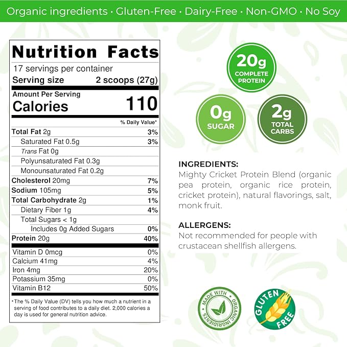 Mighty Cricket Protein Powder. 20g Clean Prebiotic Cricket Protein. No Sugar Low Carbs Gluten &amp Dairy Free. Keto &amp Paleo 100% Natural Ingredients. Vanilla 2 lb (Pack of 2)