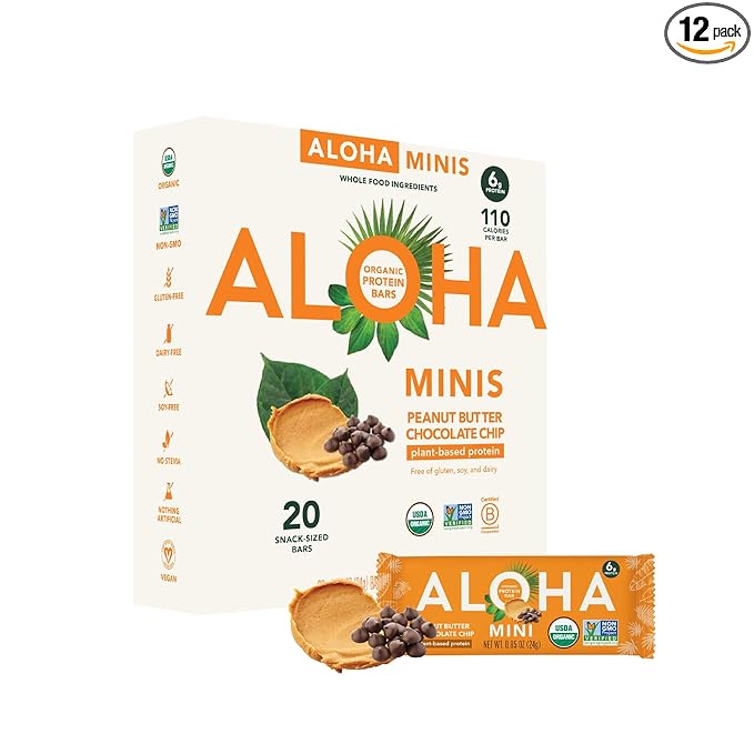 ALOHA Organic Plant Based Protein Bar MINIS |Peanut Butter Chocolate Chip | 20 Count 24g Bars | Vegan Low Sugar Gluten Free Low Carb Non-GMO Stevia Free Soy Free No Sugar Alcohols