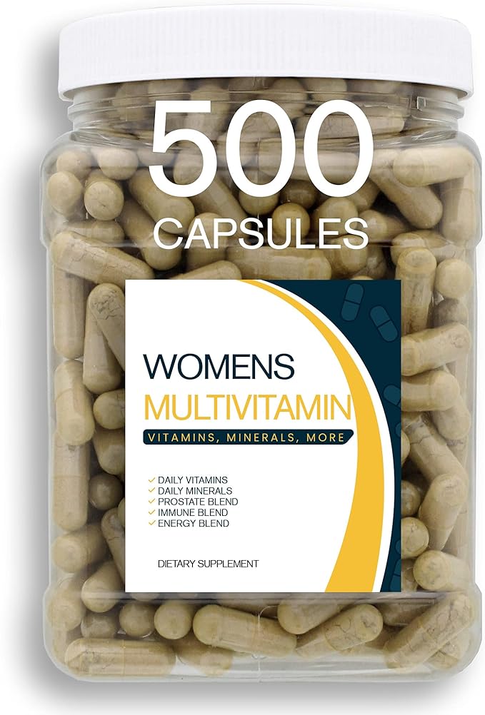 Multivitamin &amp Women's Health Blend - 500CT Tub - Providing Daily Serving of Vitamins Minerals Womens Health Antioxidants &amp Energy in a Clear Square Grip Jar