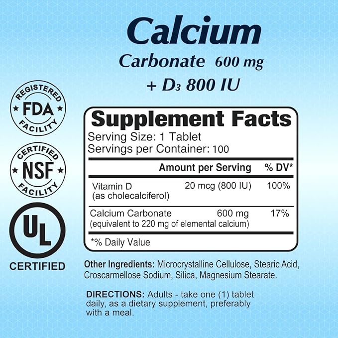 Calcium 600mg + D3 Dietary Supplement by ALFA Vitamins - Promotes Healthy Bones - Healthy Teeth - Healthy Heart - Healthy Nervous System -100 Tablets