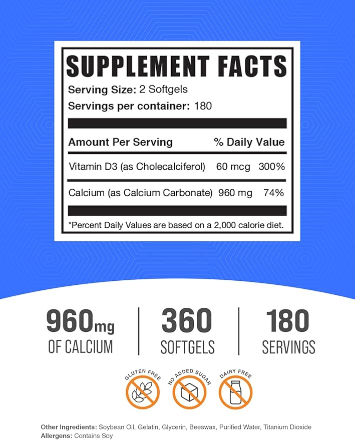 BulkSupplements.com Calcium Carbonate &amp Vitamin D3 Softgels - Calcium and Vitamin D3 Calcium &amp D3 Supplement for Immune Support - Gluten Free 2 Softgels per Serving 360 Count (Pack of 1)