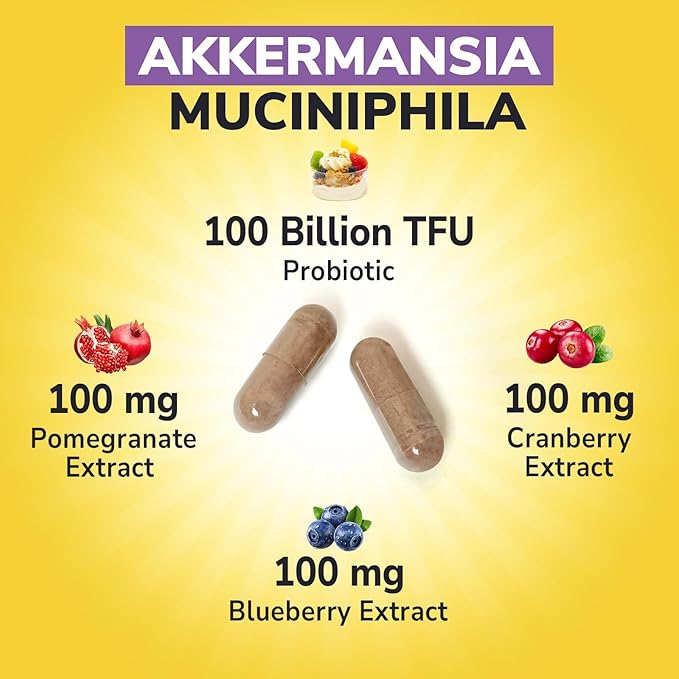 Akkermansia Probiotics 100 Billion TFU Pasteurized Akkermansia Muciniphila w/Cranberry Blueberry &amp Pomegranate Digestive &amp Immune Health Leaky Gut GLP-1 Supplement 30 Vegan Capsules