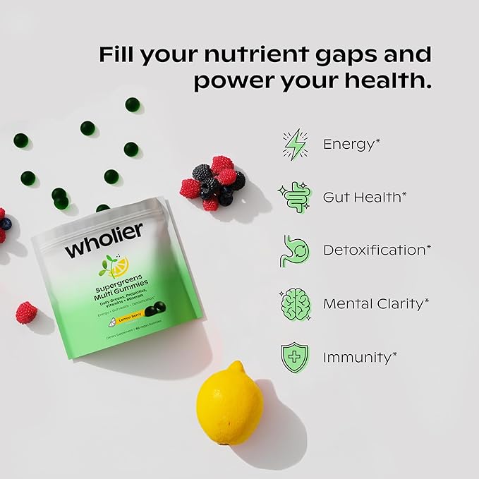 wholier Daily Supergreens Gummies Greens Supplement with Prebiotics Fiber Adaptogens Vegan Multivitamin 9 Essential Vitamins + Minerals 1g Sugar 2 Gummy Serving (60 Gummies 30 Day Supply)