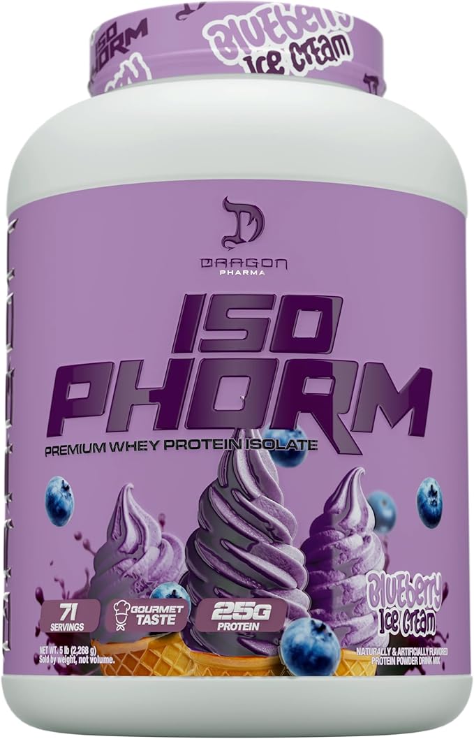 DRAGON PHARMA Isophorm Hydrolized Whey Protein Isolate Fast Absorption Premium Whey Protein Maximize Recovery Great Tasting 25g Per Serving (5 lb Blueberry Ice Cream)