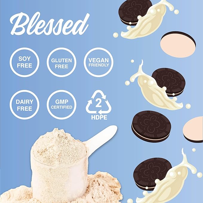 BLESSED Vegan Protein Powder - Plant Based Protein Powder Meal Replacement Protein Shake 23g of Pea Protein Powder Dairy Free Gluten Free Soy Free No Sugar Added 30 Servings (Cookies &amp Cream