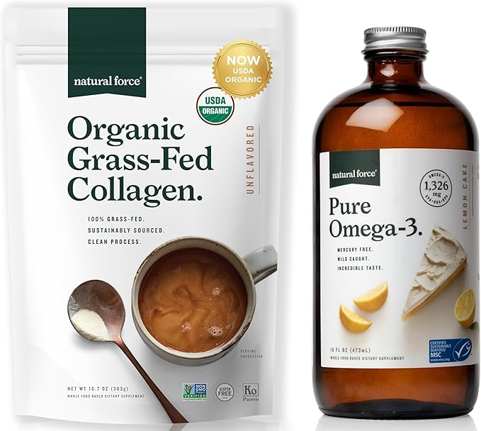 Natural Force Pure Omega 3 - Liquid Fish Oil - Delicious Lemon Cake Flavor 16 Oz Glass Bottle Organic Clean Collagen Peptides Powder Unflavored 10.7oz