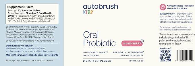 autobrush Kids Oral-Care Slow Dissolve Probiotic Tablets | Dental Supplements | Healthier Teeth and Gums | Balanced Mouth Biome| 30 Count (Mixed Berry Flavor)