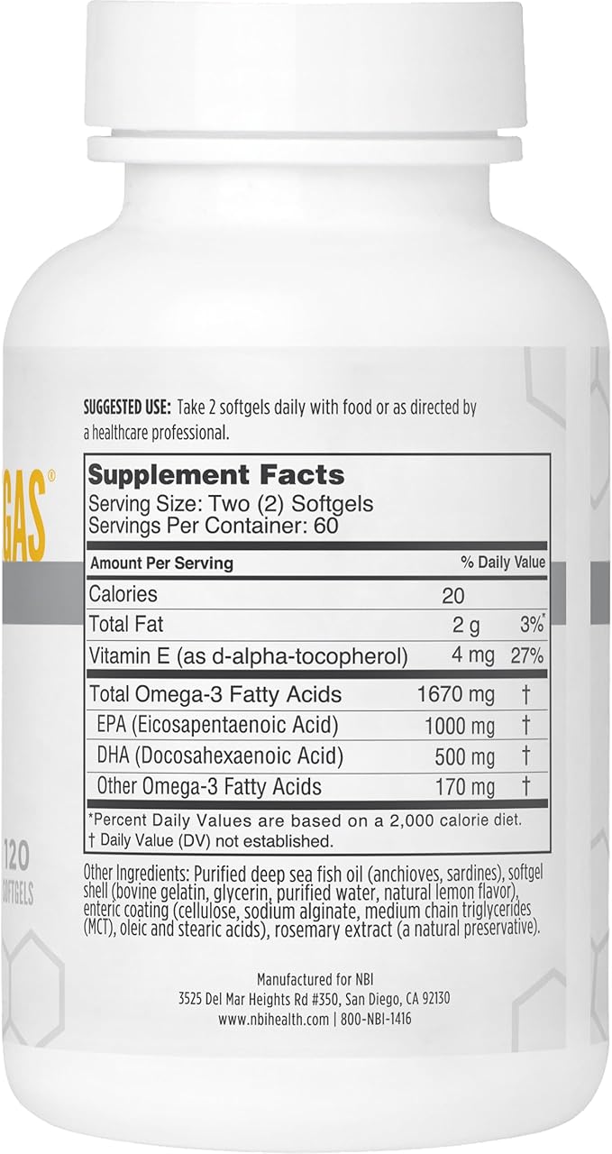 NBI Best Catch Omegas High Potency Omega-3 | EPA + DHA for Heart Brain Support | Best Absorption | Sustainably Sourced | Burpless Formula | Natural Lemon Scent | 120 Softgel Capsules