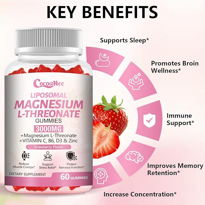 3000mg Liposomal Magnesium Threonate Gummies Magnesium Glycinate Supplements Liposomal Enhance 98% Absorption Intestinal Tolerance Muscle &amp Nervous System Support for Adults