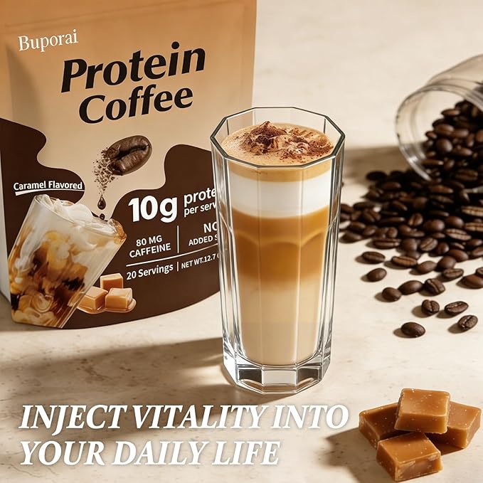 Protein Coffee Powder - Caramel Protein Iced Coffee 0g Sugar Keto Friendly 80 mg Caffeine Per Serving - 20 Servings