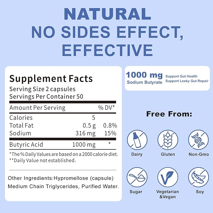 Sodium Butyrate Supplement – Postbiotic for Gut Health Supports Digestion IBS Leaky Gut &amp Stomach Comfort – Low Odor Easy to Swallow No Side Effects – 100 Vegan Capsules